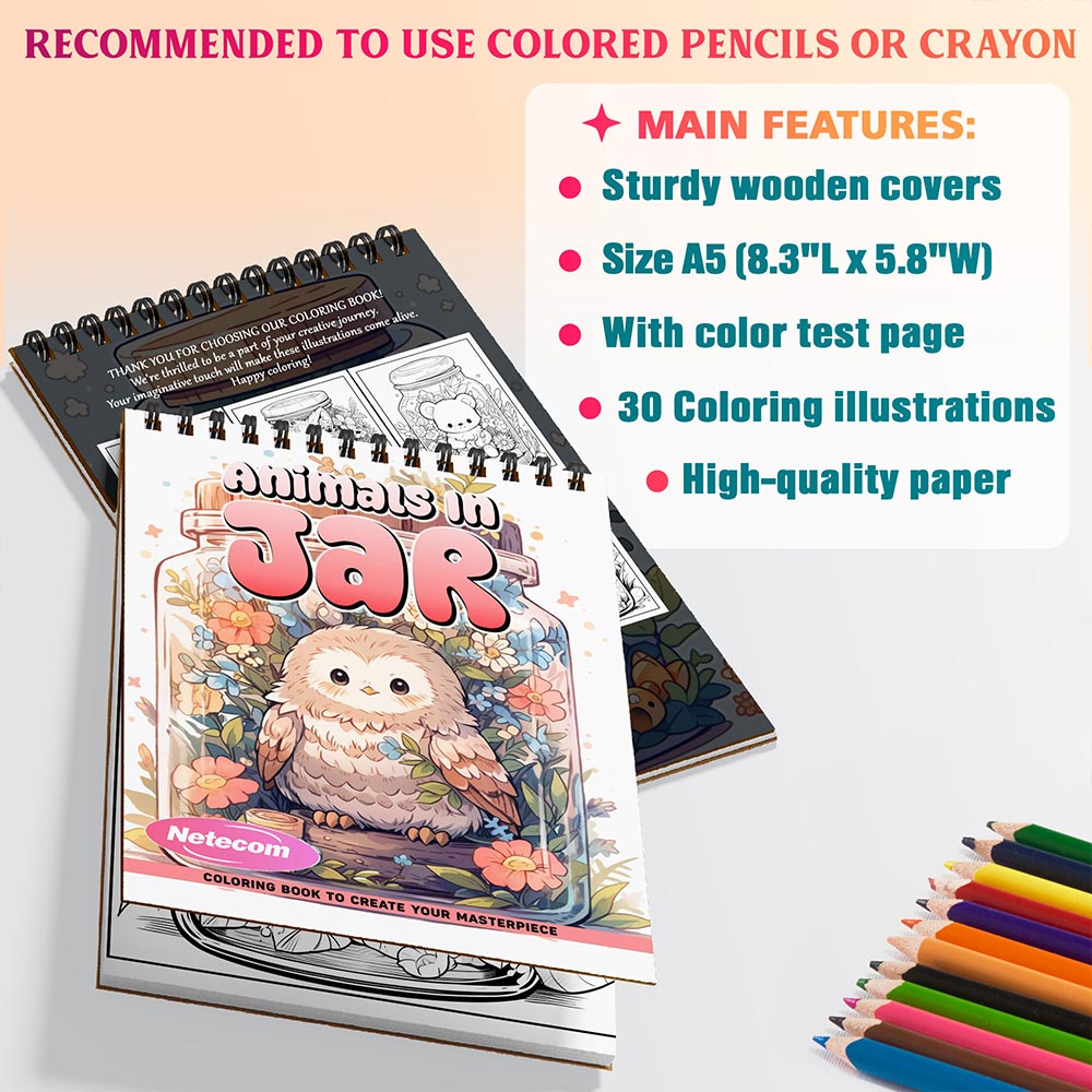 Animals in Jar Coloring Book Spiral Bound For Adults, A5 Wooden Cover, 30 Dreamy Coloring Pages in The Fascinating World Of Animals for Stress Relief and Relaxation