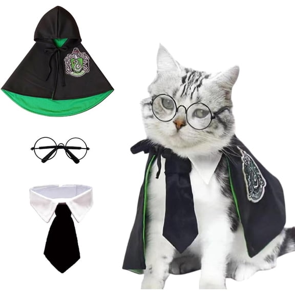 3PCS Halloween Dog Costume Cat Wizard Cape Glasses and Necktie Set Halloween Puppy Outfit Pet Academy Magician Cosplay Apparel for Kitten Cat Small Dogs (Black Red, Small)