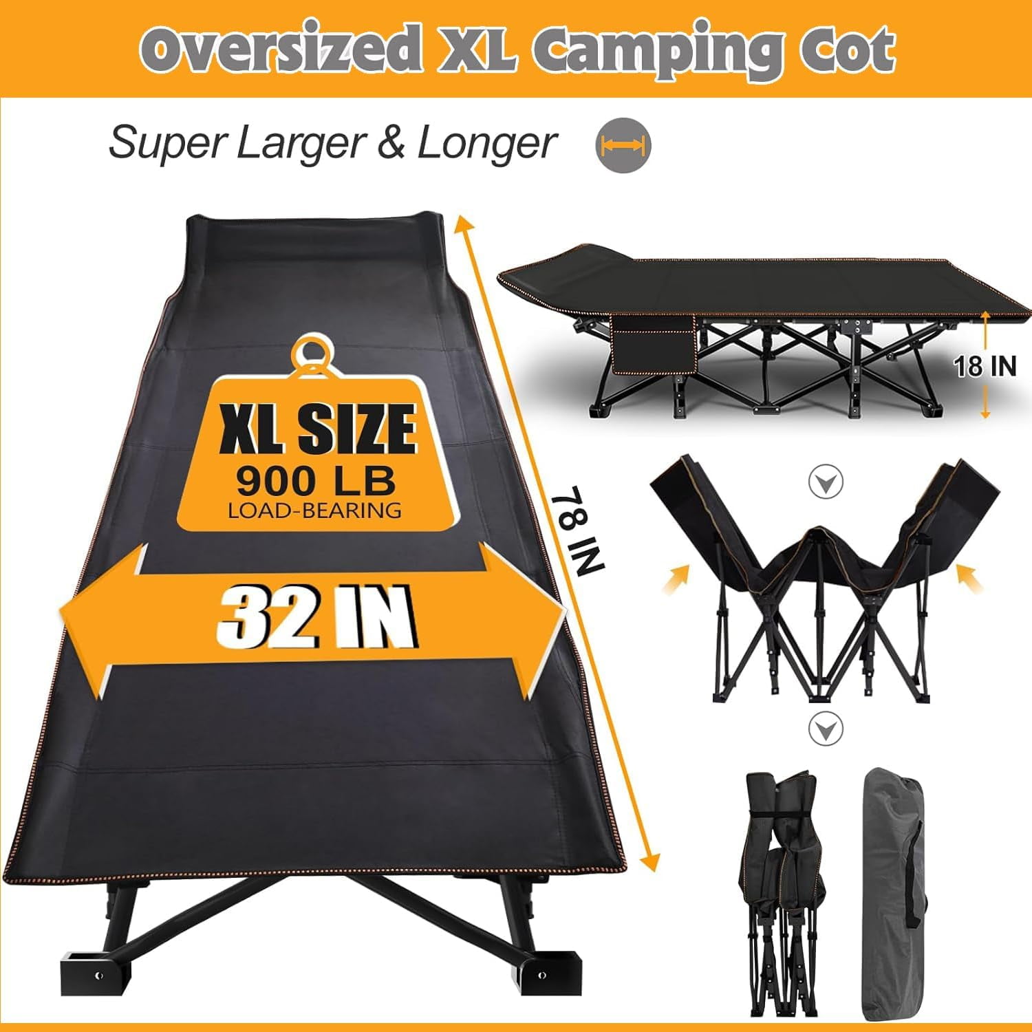 ABORON Oversized XXL Folding Camping Cot for Adults & Kids, 78" L x 32" W x 18" H Large Folding Guest Bed Cots, Sleeping Cot Folding Bed with 2 Sided Mattress & Carry Bag