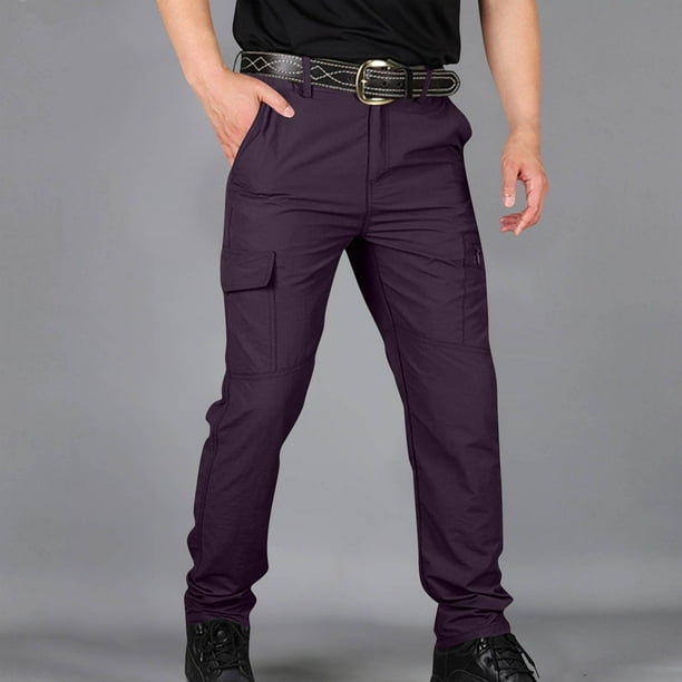 Ceisia Men's Solid Color Nylon Quick-Dry Cargo Pants, Multi-Pocket Waterproof Outdoor Trousers for Men Purple M Gifts