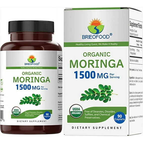 Brieofood Organic Moringa 1500mg, 45 Servings, Vegetarian, Gluten Free, 90 Vegetarian Tablets