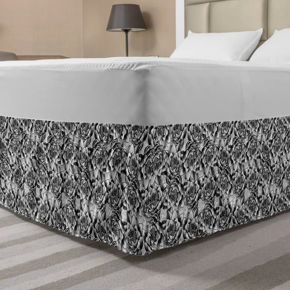 Floral Bed Skirt, Monochrome Composition of Water Lilies Design Sketch Style Arrangement, Elastic Bedskirt Dust Ruffle Wrap Around for Bedding Decor, 4 Sizes, Black and White, by Ambesonne
