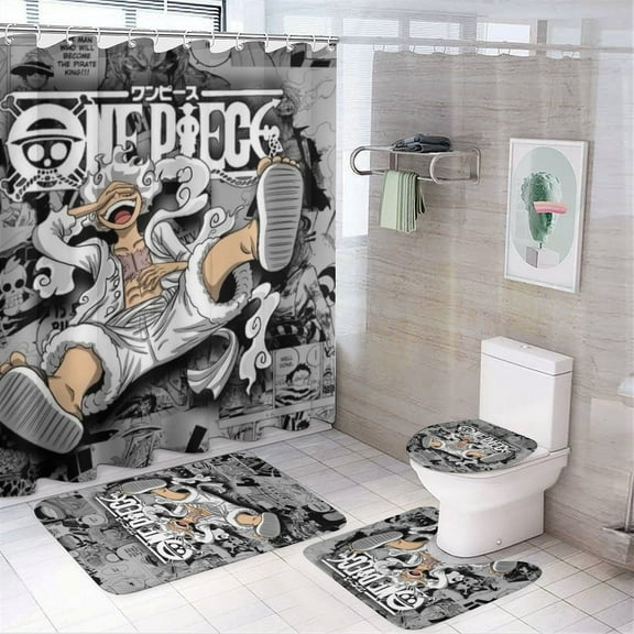 4 Piece Shower Curtain Set with Rugs One Piece Luffy Shower Curtain Bathroom Sets Decor Waterproof
