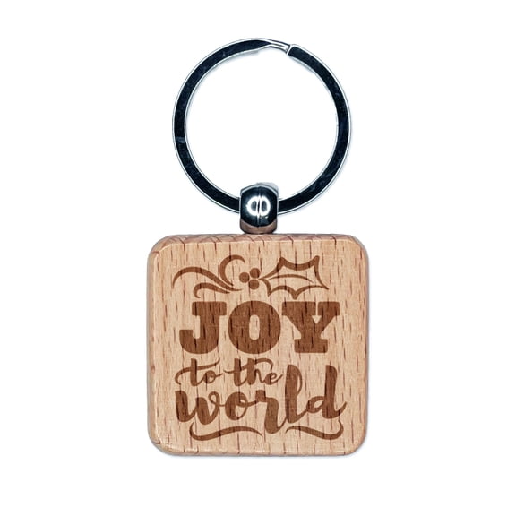 Joy to the World Christmas Square Keychain Charm Tag - Engraved Wood