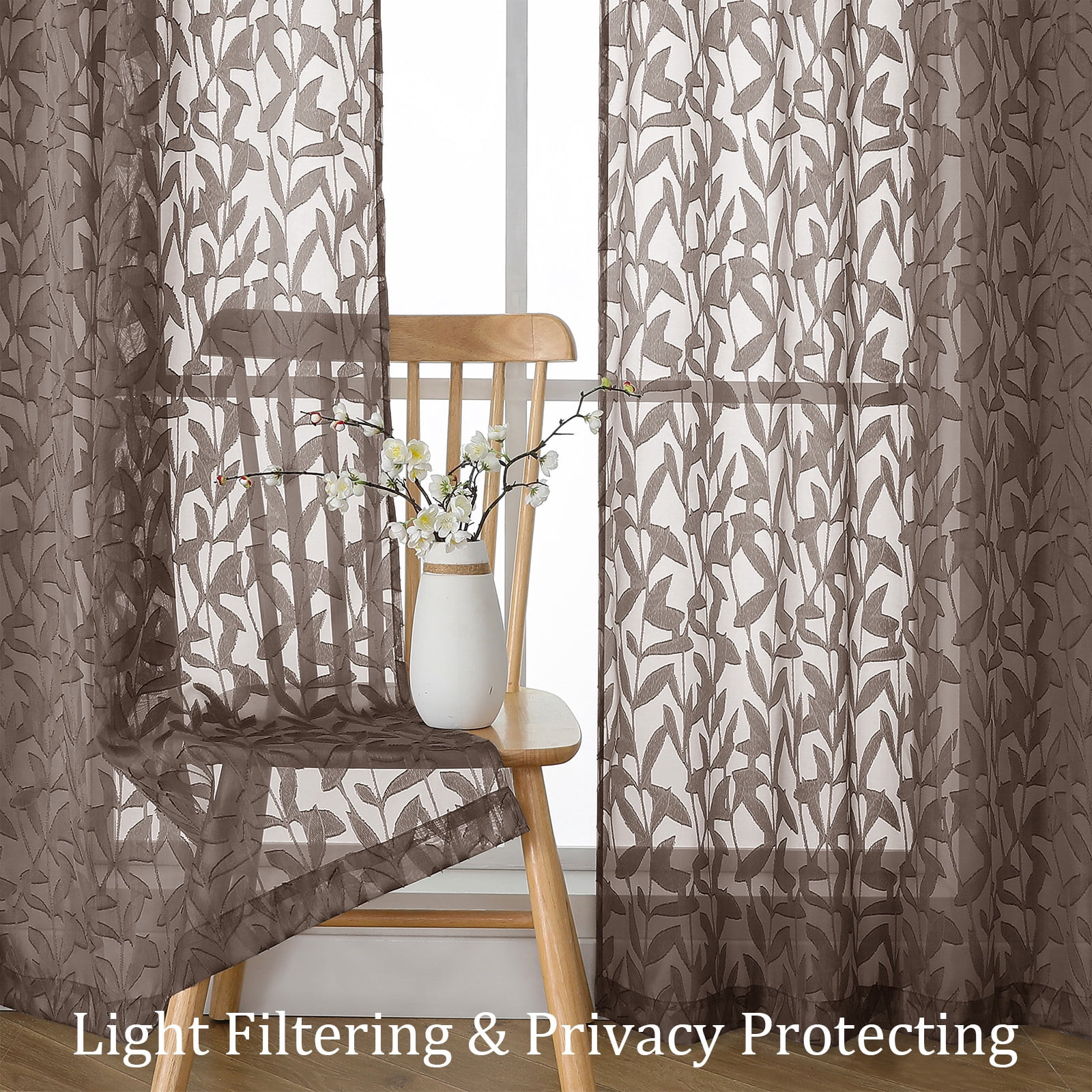 OVZME Leila Chocolate Sheer Curtains 54 Inch Length 2 Panels Set, Light Filtering Textured Leaf Jacquard Small Window Curtain for Living Room Bedroom Rod Pocket, Each 40"Wx54"L, Chocolate