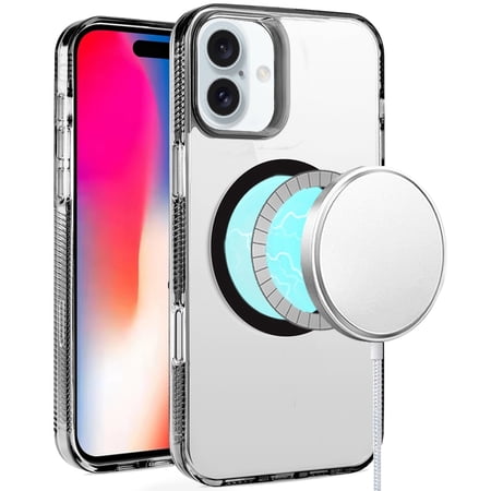 For iPhone 16 6.1 inch PURE Transparent [Magnetic Circle] High Quality Ultra Thick Hybrid - Black