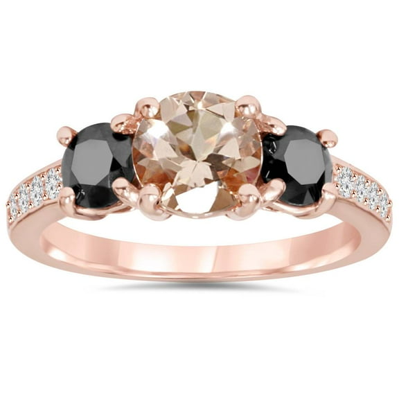 Pompeii 2.10Ct Morganite & Black Diamond Engagement 3-Stone Ring 14K Rose Gold (H/I,I1-I2)