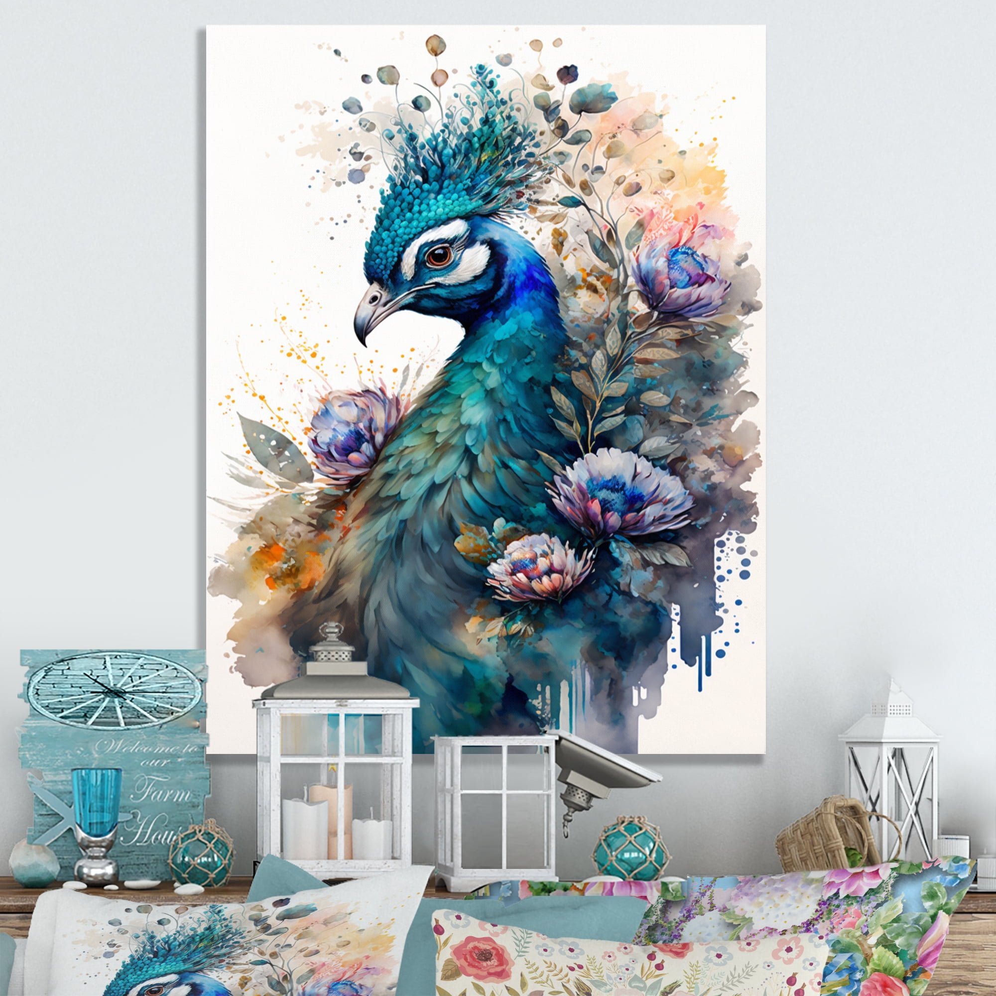 Designart Cute Peacock Floral Art II Canvas Wall Art