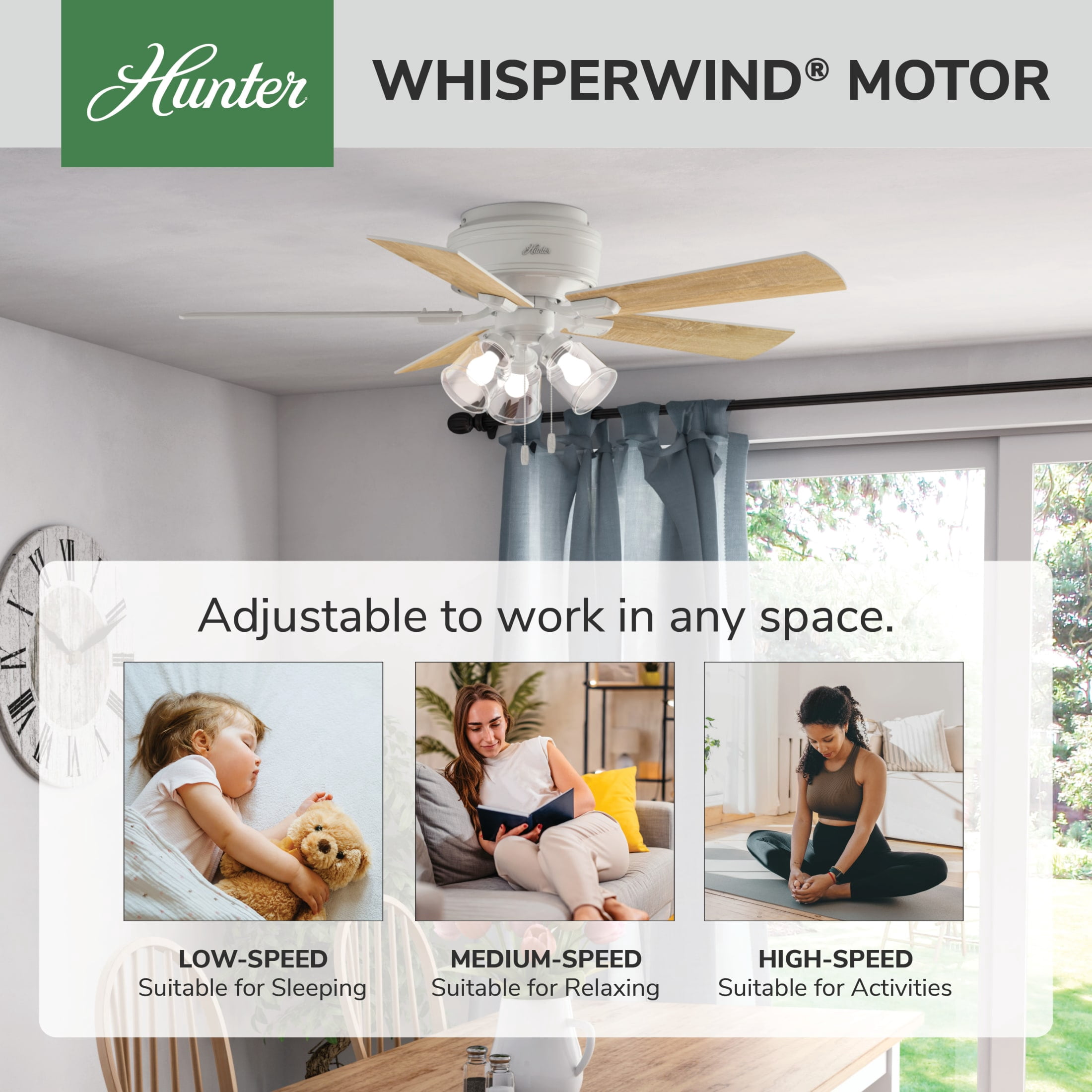 Hunter 52 inch Indoor Ceiling Fan with LED Lights and Pull Chain - Low Profile Mount White Ceiling Fan, 5 Blades, For Bedroom, Living Room, or Kitchen, Quiet - Crestfield 54207, Fresh White