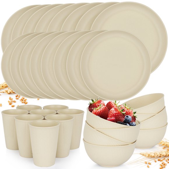 PHANCIR Juego de Vajilla de Paja de Trigo de 32 Pzas, Platos y Tazones de Cocina Reutilizables, Color Beige, 16 Platos, 8 Tazones, 8 Tazas