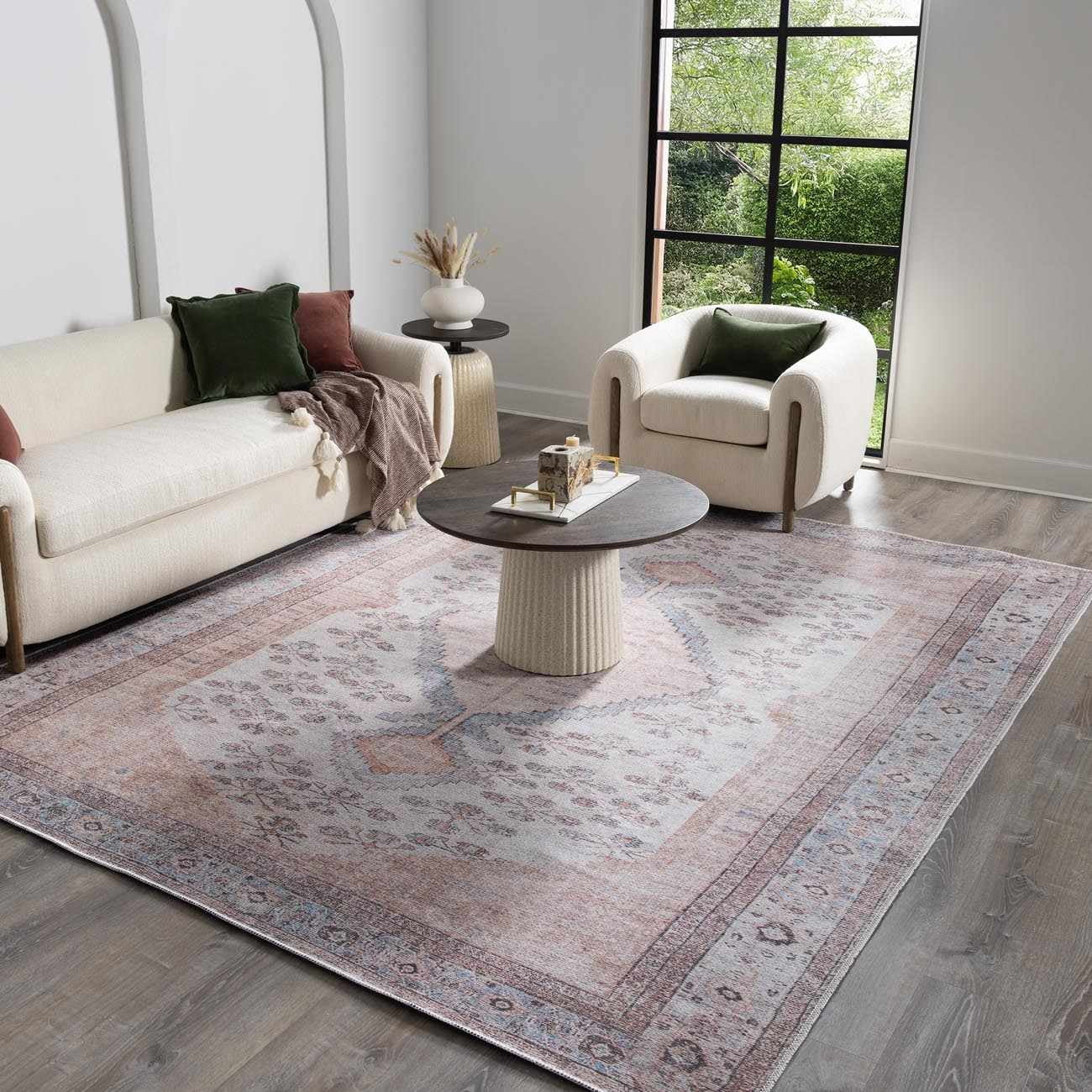 Hauteloom Moora Boho Vintage Distressed Runner Rug - Machine Washable Traditional Medallion Area Rug for Hallway, Kitchen - Tan, Peach, Blush - 2'7" x 10'
