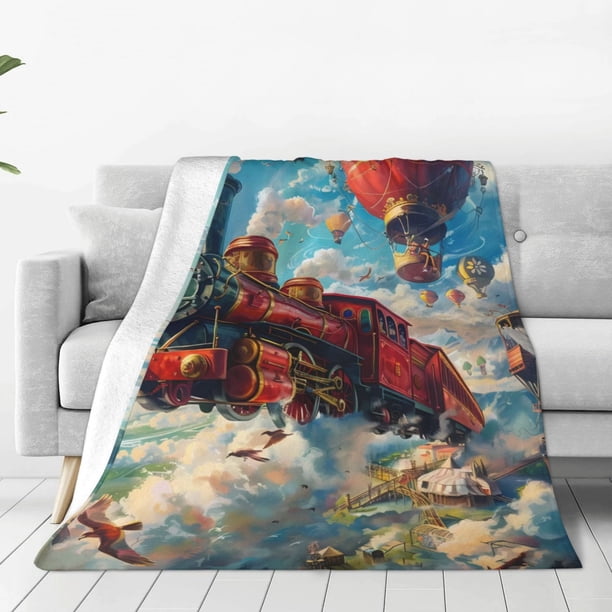 Balery Beautiful Red Train Hot Air Balloon Manta de Felpa Suave y Acogedora – Cobija de Franela Aterciopelada para Cama, Lavable y Cálida para Sofá, Mascotas, Transpirable-60"x50"