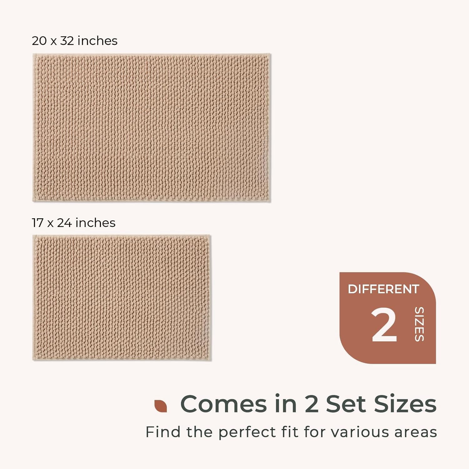 FRESHMINT Chenille Bathroom Rugs Set - 2 Piece 17''x24''+20''x32'', Non-Slip Absorbent Bath Mats, Washable Set of 2 Shower Floor Mats, Beige