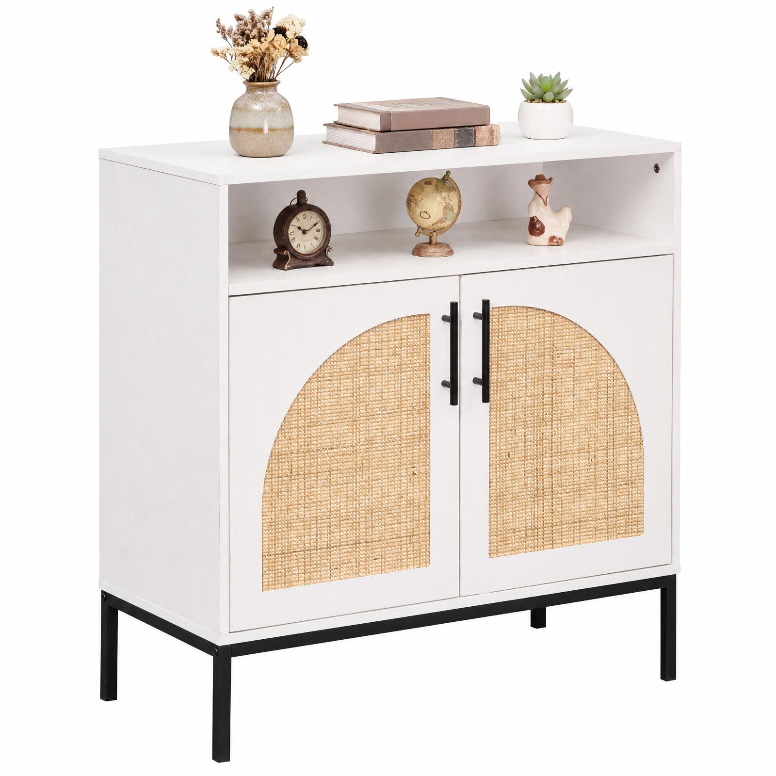 Furnibear 32" Sideboard Buffet Cabinet with 2 Natural Rattan Decorated Doors and Adjustable Shelf for Kitchen Dining Living Room Buffet, White