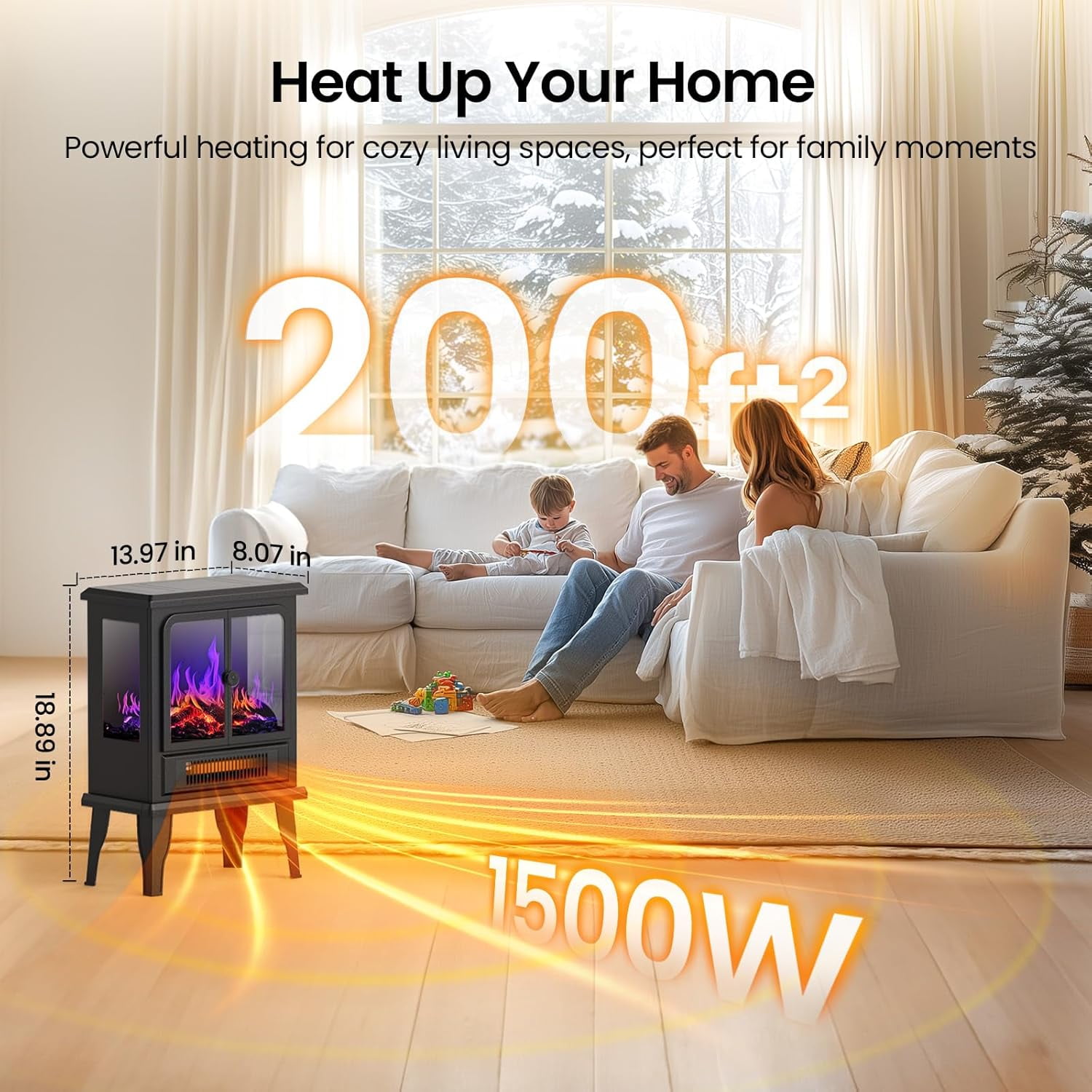 Air Choice Electric Fireplace Heater, 18.9" FreeStanding Fireplace Stove with 3D Flame, 750W/1500W Indoor Space Heater with Overheating Protection, Electric Heating for Living Room, Bedroom