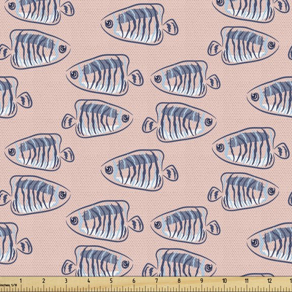 Cartoon Upholstery Fabric by the Yard, Fish Drawings Floating Horizontally Sketches Nautical, Decorative Fabric for DIY and Home Accents, Blush Blue Grey by Ambesonne