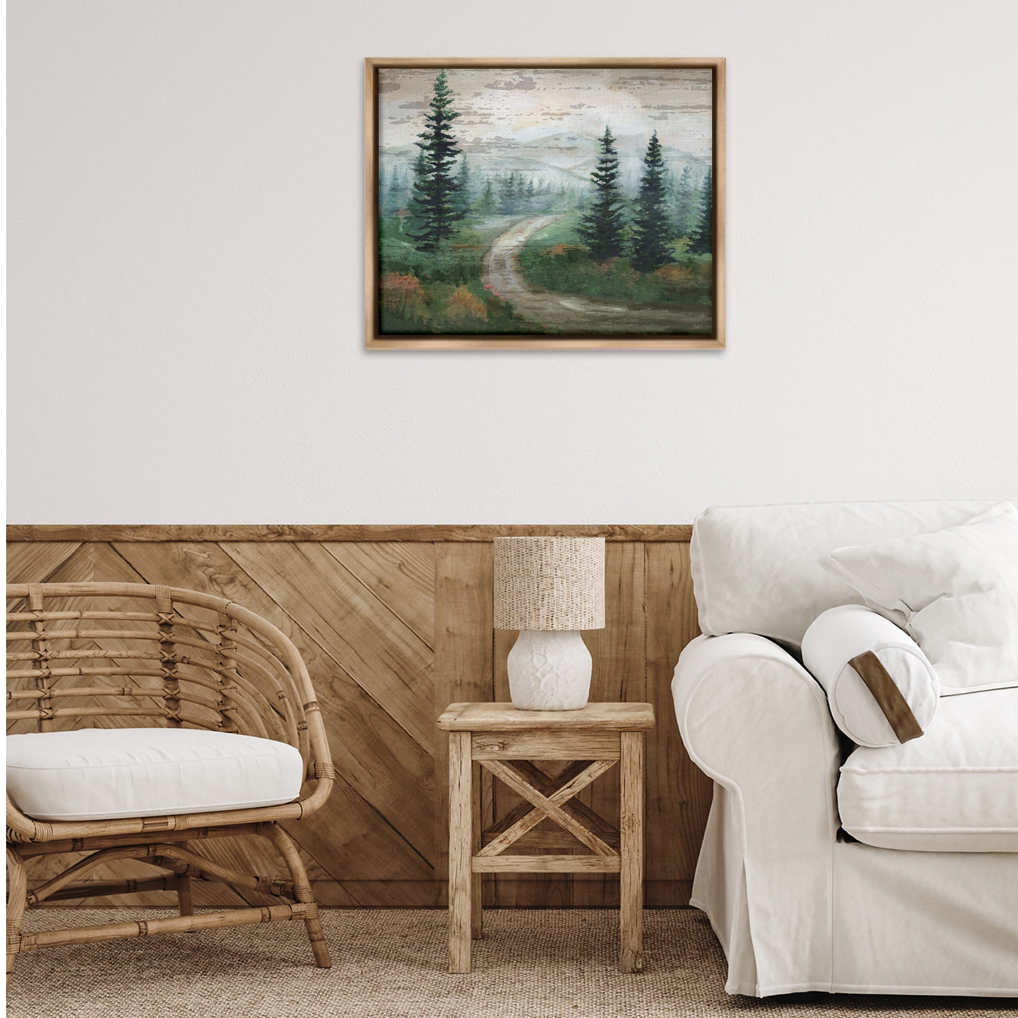 Stupell Industries Path Through Wilderness Landscape & Nature Painting Brown Floater Framed Canvas Art Print Wall Art, 31 x 25