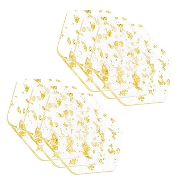 Gold Foil Acrylic Coasters Set of 6 for Drinks Nordic Style Tea Coaster Coffee Cup Insulation Pad for Bowls,9.5x10.8cm