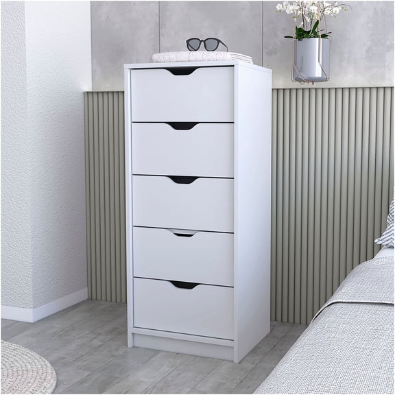 JERFIT 5-Drawer Dresser, Narrow White Wood Chest of Drawers for Bedroom, Compact Storage Organizer