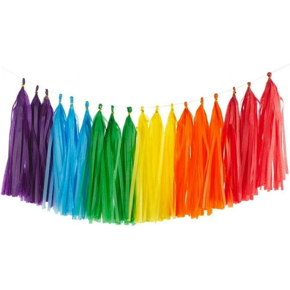 PinesC 30PCS Rainbow Shiny Tassel Garland Tissue Colorful Paper Tassel Banner - Red,Orange,Yellow,Green,Blue,Purple Rainbow