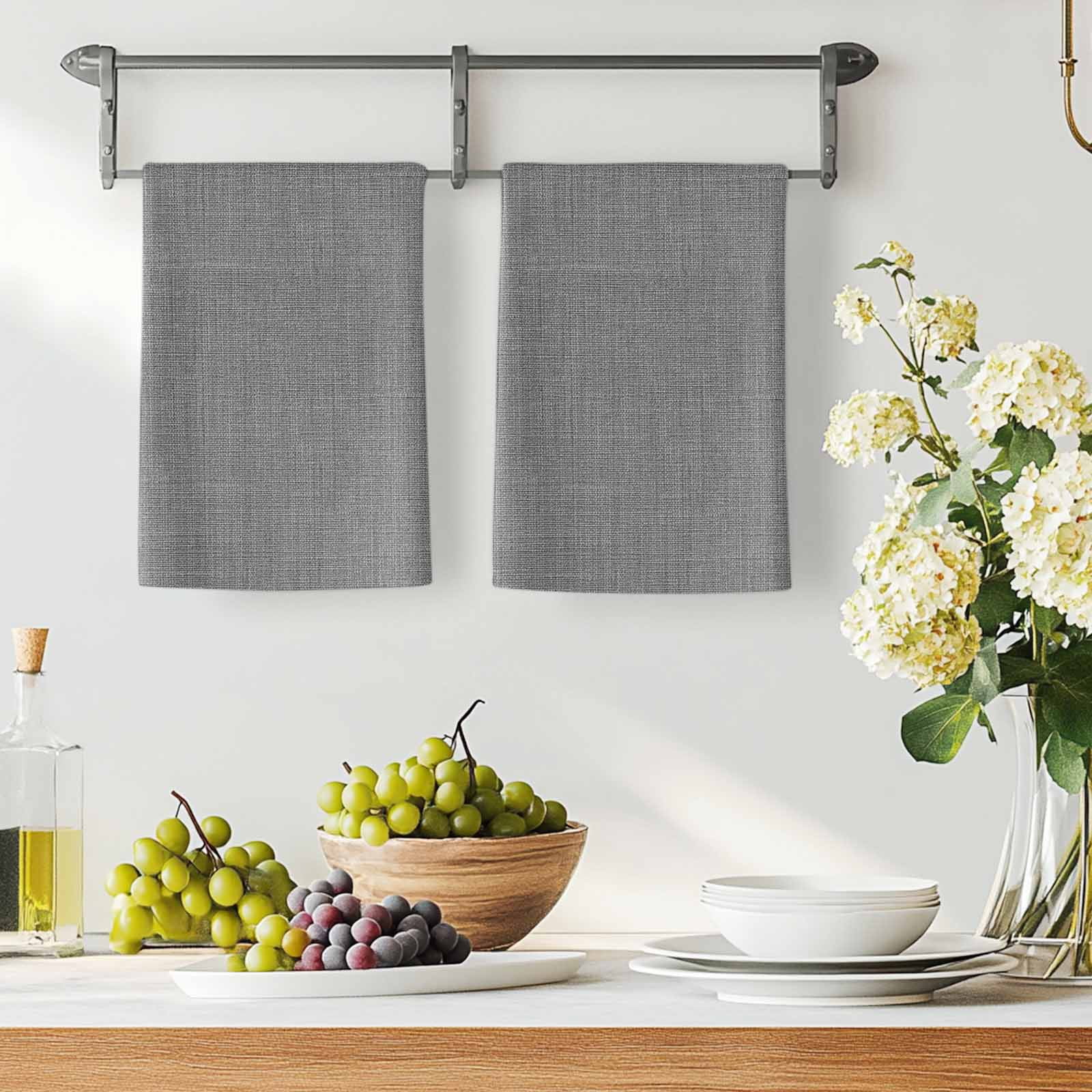 Dark Gray Kitchen Towels Set of 3, Farmhouse Burlap Solid Grey Color Modern Linen Texture Soft Microfiber Dish Towels, Absorbent Washable Dishcloths for Kitchen Cleaning, Drying Dishes, 18x28 Inches