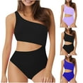 thumbnail image 3 of WREESH Women's One Shoulder Monokini Swimsuit Cutout Solid Color High Waist Bathing Suit Fashion Tummy Control Blue, 3 of 3