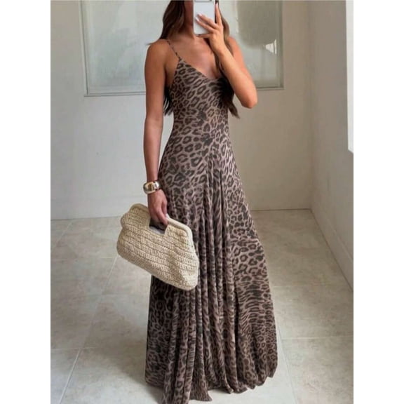 Mesh Leopard‑Print Spaghetti‑Strap Zipper Mini Dress for Women, French‑Style Elegant Outfit for Daily, Vacation and Party
