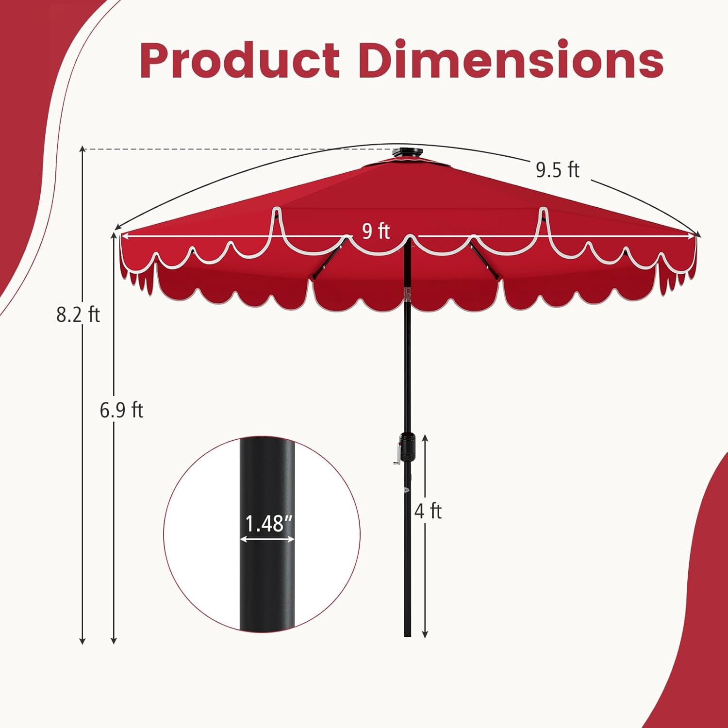 ZYPPP  9 FT Solar Patio Umbrella, 2-Tiers Scalloped Outdoor Table Market Umbrella with 32 LED Lights, Vented Top, Tilt Adjustment, Crank, 8 Ribs for Backyard Poolside Deck Beach Lawn (Red)