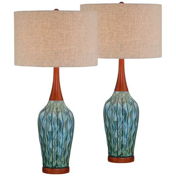 Possini Euro Design Rocco Modern Mid Century Table Lamps 30" Tall Set of 2 Blue Teal Glaze Ceramic Linen Drum Shade for Bedroom Living Room Nightstand