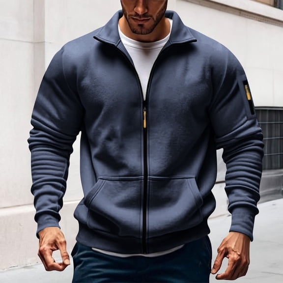 CQONEPT Mens Sweatshirts Full Zip Turtleneck Sweatshirts Outdoor Shackets Casual Clothes with Pockets Navy 2XL