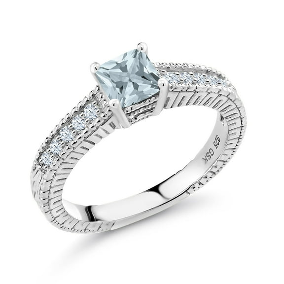Gem Stone King 0.65 Ct Princess Cut Sky Blue Aquamarine White Created Sapphire 925 Sterling Silver Ring (Size 9)