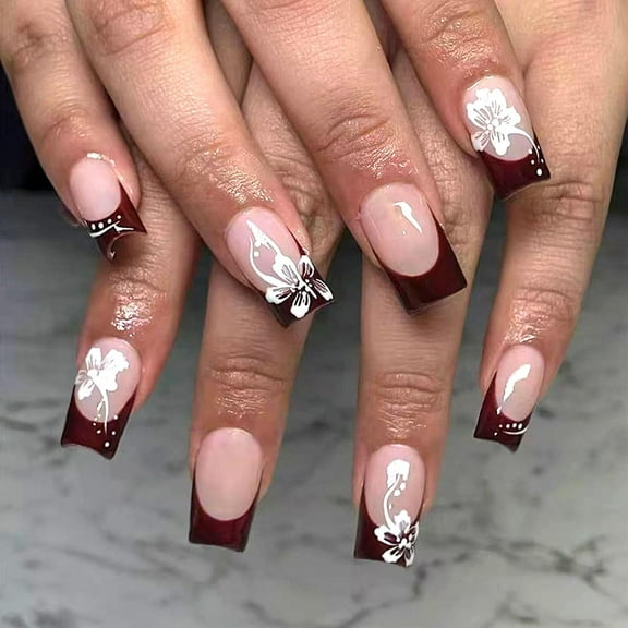 Blue Press on Nails Medium French Tip Fake Nails Square Glue on Nails Ombre Translucent Nails Press ons White Lines Acrylic Nails Medium False Nails for Women 24 Pcs Blue-1 Flowers Dots French Tip