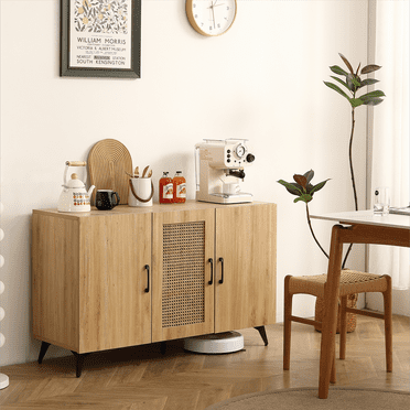 45" 3-Door Cabinet with Natural Rattan Mesh - Large Storage Space, Kitchen Storage Cabinet .for Living Rooms or Restaurants