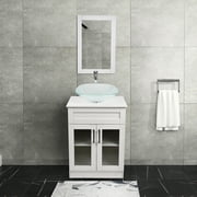 FULLWATT 24" Classic Wood Bathroom Vanity with Square Frosted Vessel Sink Bowl Faucet and Mirror Set