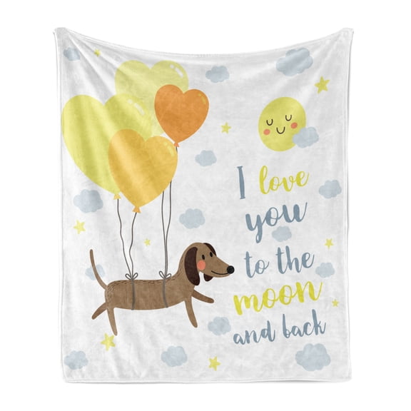 I Love You Soft Flannel Fleece Throw Blanket, Dog Balloons and Hearts Sun Clouds Puppy Baby Best Friends, Cozy Plush for Indoor and Outdoor Use, 50" x 60", Yellow Cocoa Blue Grey, by Ambesonne