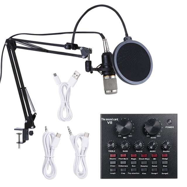Micrófono Tarjeta de sonido multifuncional en vivo y kit de micrófono de suspensión BM800 Radiodifusión Grabación Conjunto de micrófono de condensador Volumen inteligente Mezclador de audio ajustable Abody Micrófono