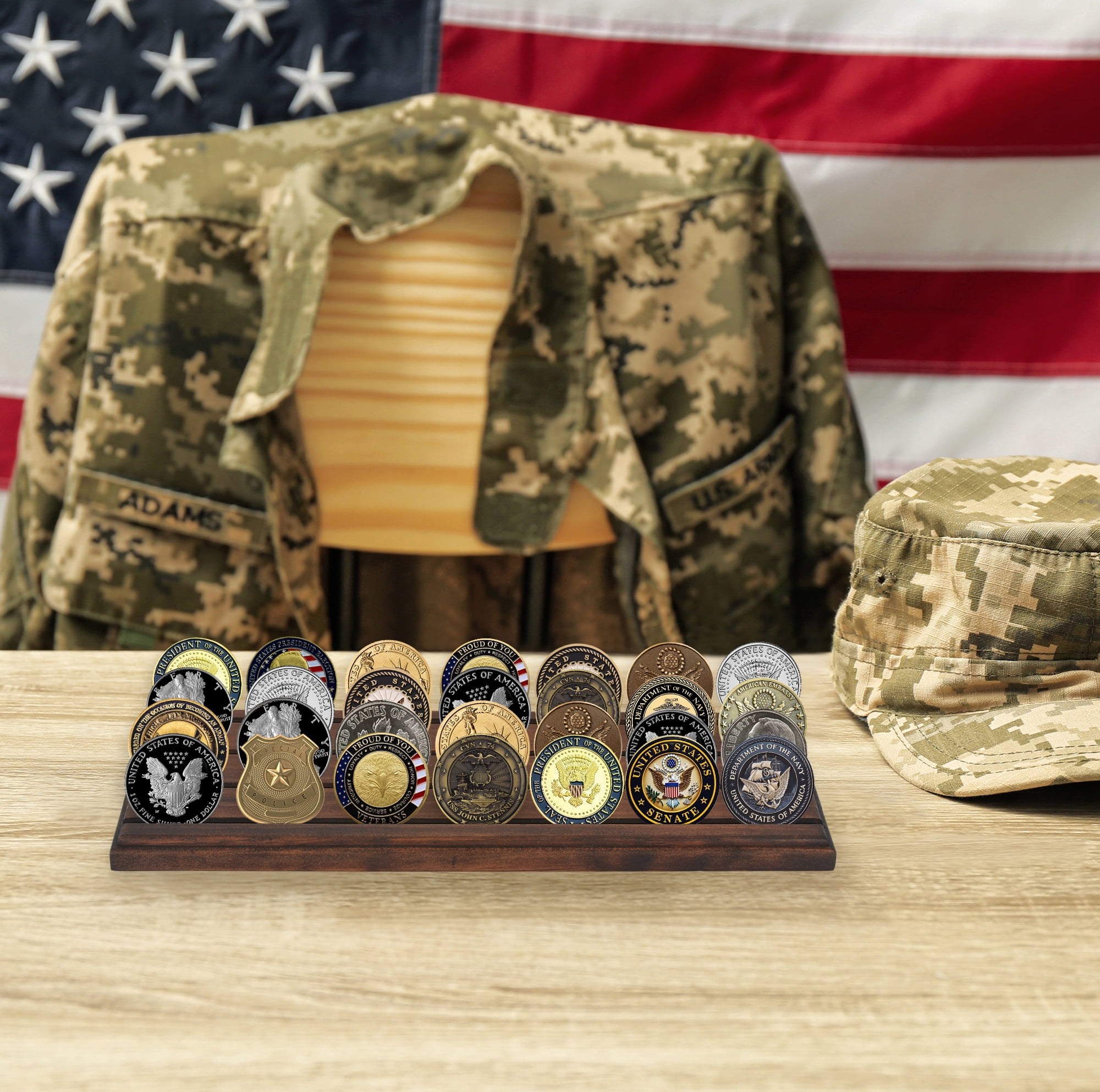 Americanflat 12x4 Picture Frame Challenge Coin Display Rows Military Stand Solid Collectible Holder - Walnut