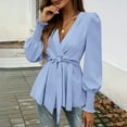 thumbnail image 4 of Xdegoge Long Sleeve Shirts for Women V Neck Wrap Blouses Casual Business Work Blouse Chiffon Flowy Tunic Tops with Belt, 4 of 8