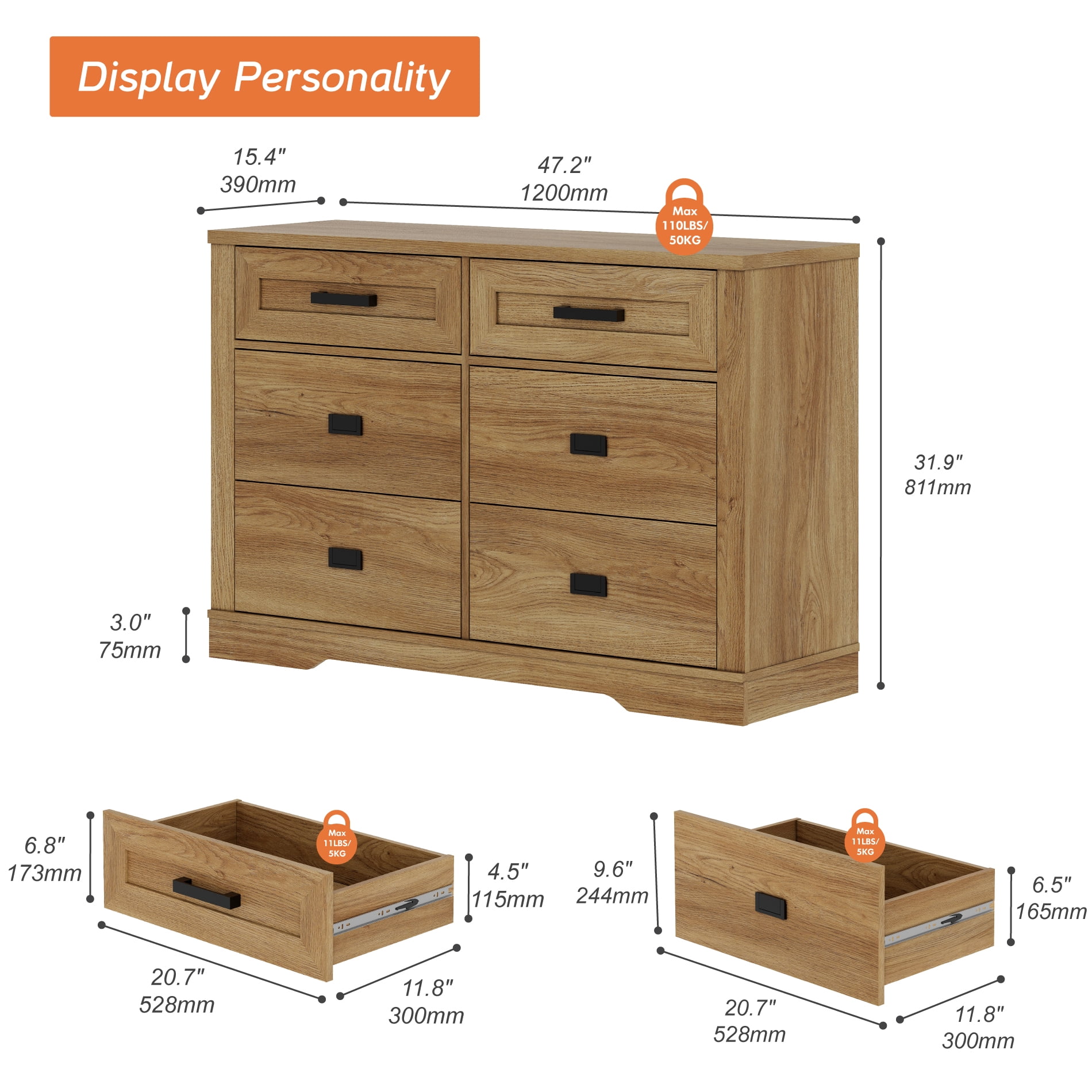 WAMPAT 6 Drawer Dresser for Bedroom,Modern Farmhouse Storage Dresser with Wide Chest of Drawers and Pre-Assembled Drawer Glides for Living Room,Hallway,Vintage Oak