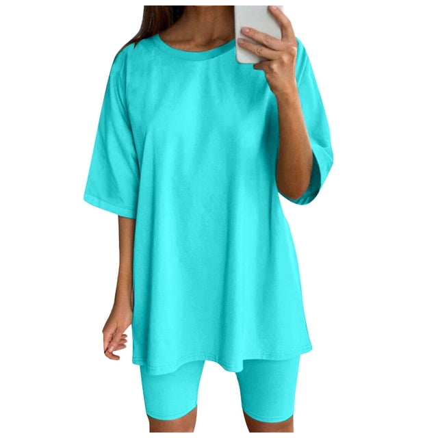 Womens Two Piece Outfits Short Sleeve Tops Short Pants Running Yoga Sport Sets