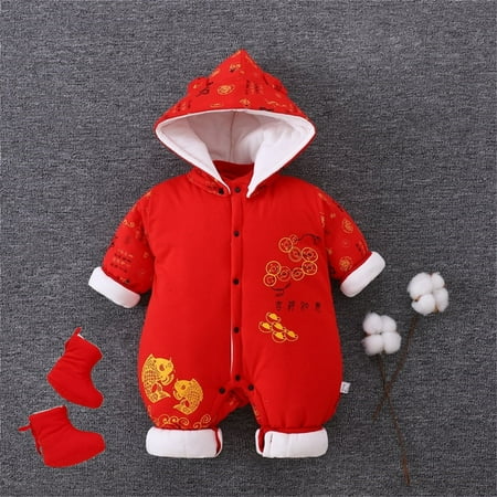 

FZM Christmas Baby Unisex Spring Festival Cotton Print Autumn Long Sleeve Hooded Romper Jumpsuit Clothes Chinese Calendar New Year With Boots Shoes Outfits