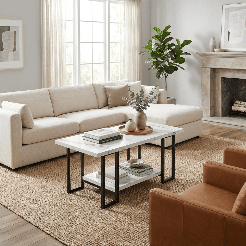 Baxluxe Long Coffee Table with Storage Tea Table Rectangle Coffee Table for Living Room,Faux Marble Sofa Table 2-Tier Storage Center Table,Table Modern Coffee Table,SWhite & Black