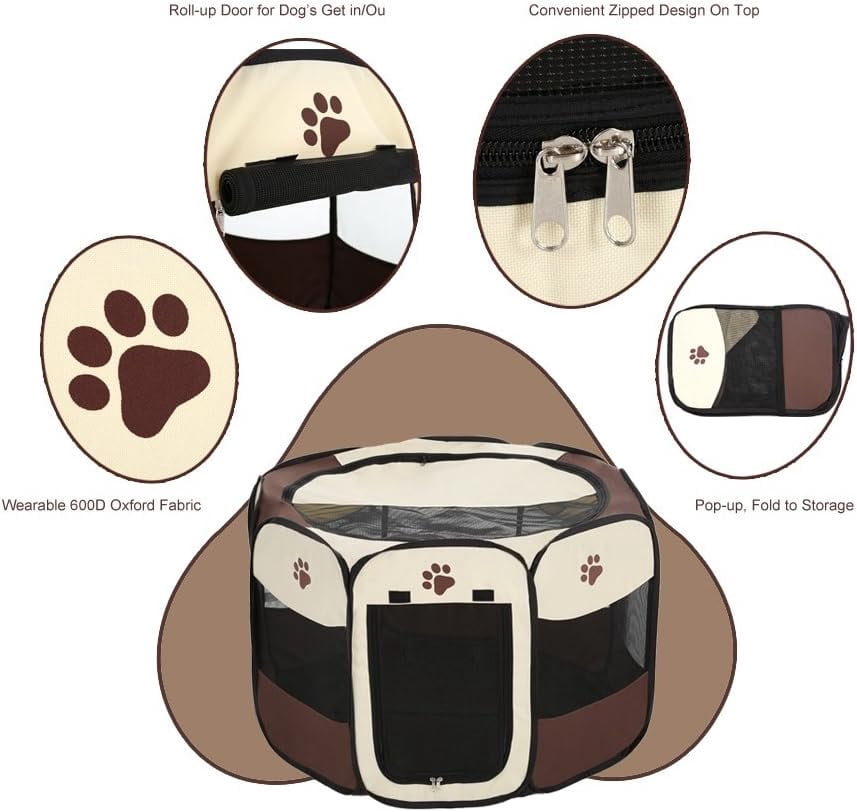 Pethouzz Pet Dog Foldable Portable Octagonal Fences Puppy Playpen House Tent Bed with a Carrying Case (Large, Brown) Brown Large