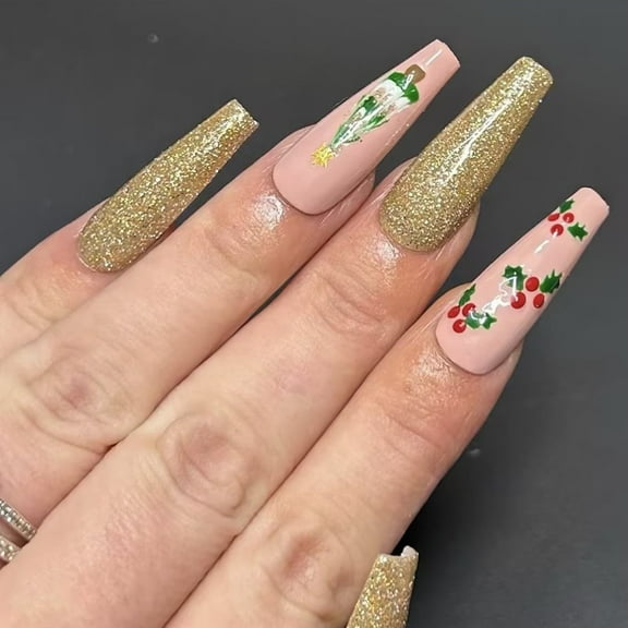 Yoyauz 24 PCS Christmas Fake Nails Shining Gold Berry Christmas Tree Design Medium length Fake Nails, Christmas Color Nails Used for DIY Nail Decoration in Winter