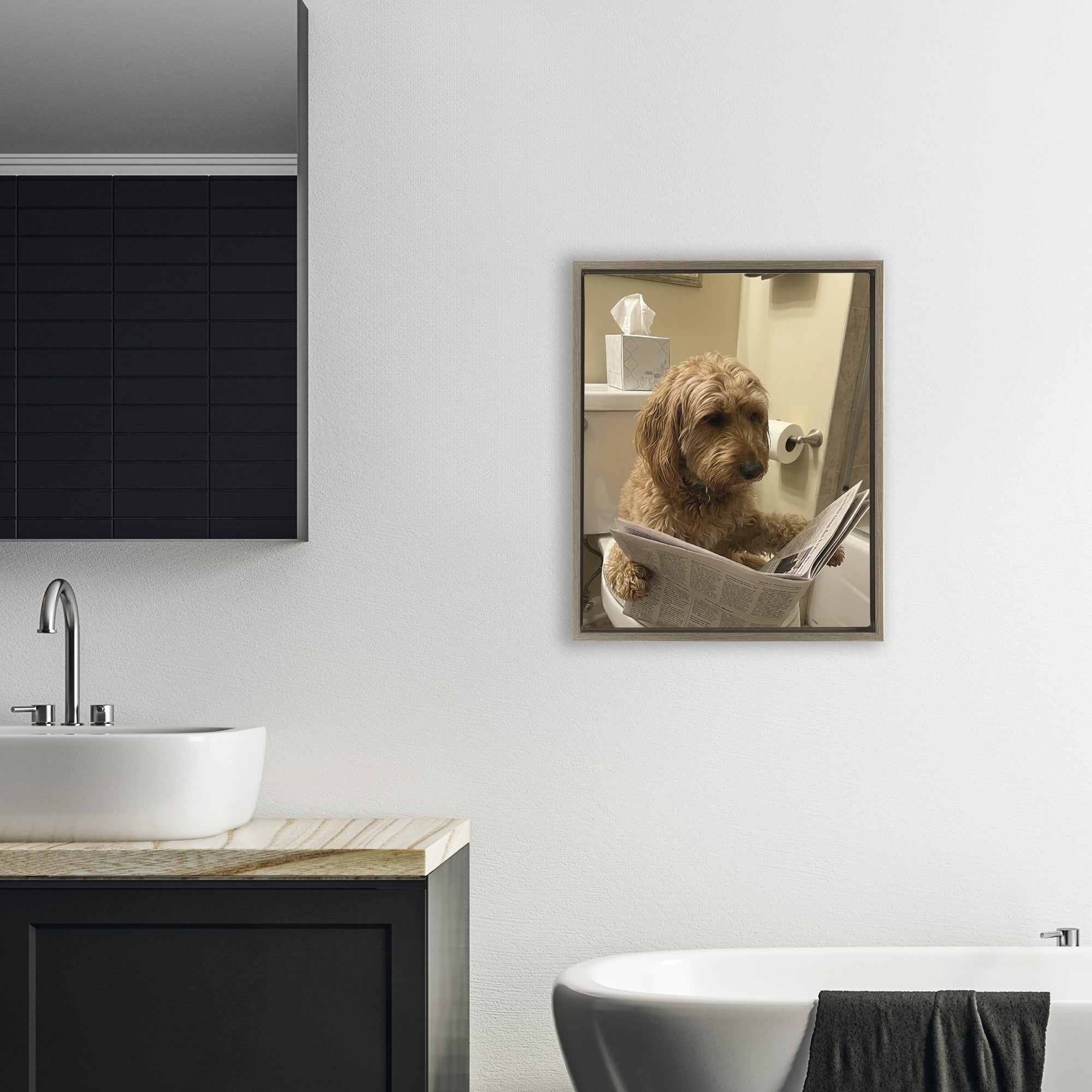 Stupell Industries Dog & Paper on Toilet Brown Framed Floater Canvas Wall Art, design by Abigail Walker