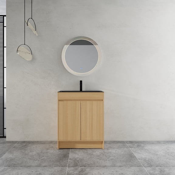 Rainlex 28" Freestanding Bathroom Vanity with Stainless Steel Sink, Soft-Close Doors, Oak Finish, Plywood Cabinet