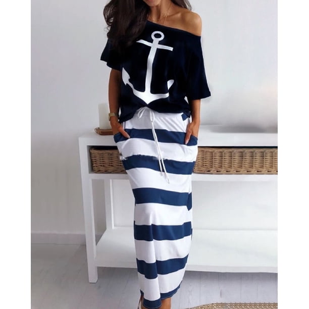 Women Off Shoulder Dresses Summer Boat Anchor Striped Print T-shirt & Maxi Dress 2 Pieces Female Slash Ankle-Length Slim DressesXL Gao Jinjia LED