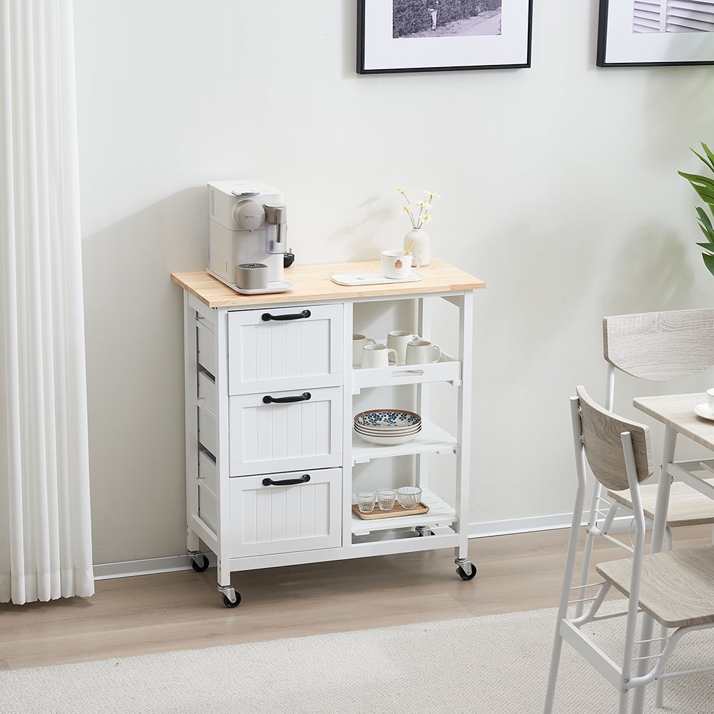 Kadyn Kitchen Island Cart, Moveable Kitchen Cart with Three Drawers and Three Layers Black Handle, Rolling Bar Cart for Home, White Kadyn Kitchen Island Cart, Moveable Kitchen Cart with Three Drawers and Three Layers Black Handle, Rolling Bar Cart for Home, White