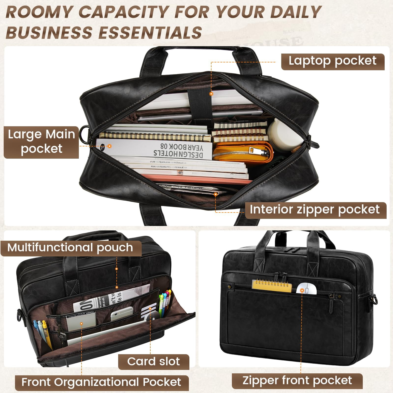 RAINSMORE Mens Laptop Bag 16 Inch Leather Briefcase Vintage Messenger Bag for Men Large Crossbody Shoulder Office Computer Bag Retro College Satchel Bag for Work, Business,Travel,Black