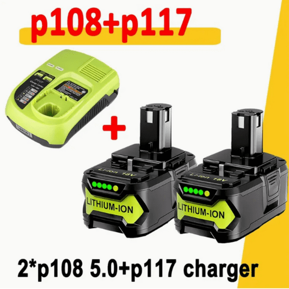 2Pack P108 18V 5.0AH Replacement Ryobi 18V Batteries and Charger Kit, for 18-Volt Lithium Battery P105 P102 P103 P108, with a P117 Fast Charger for Ryobi Battery